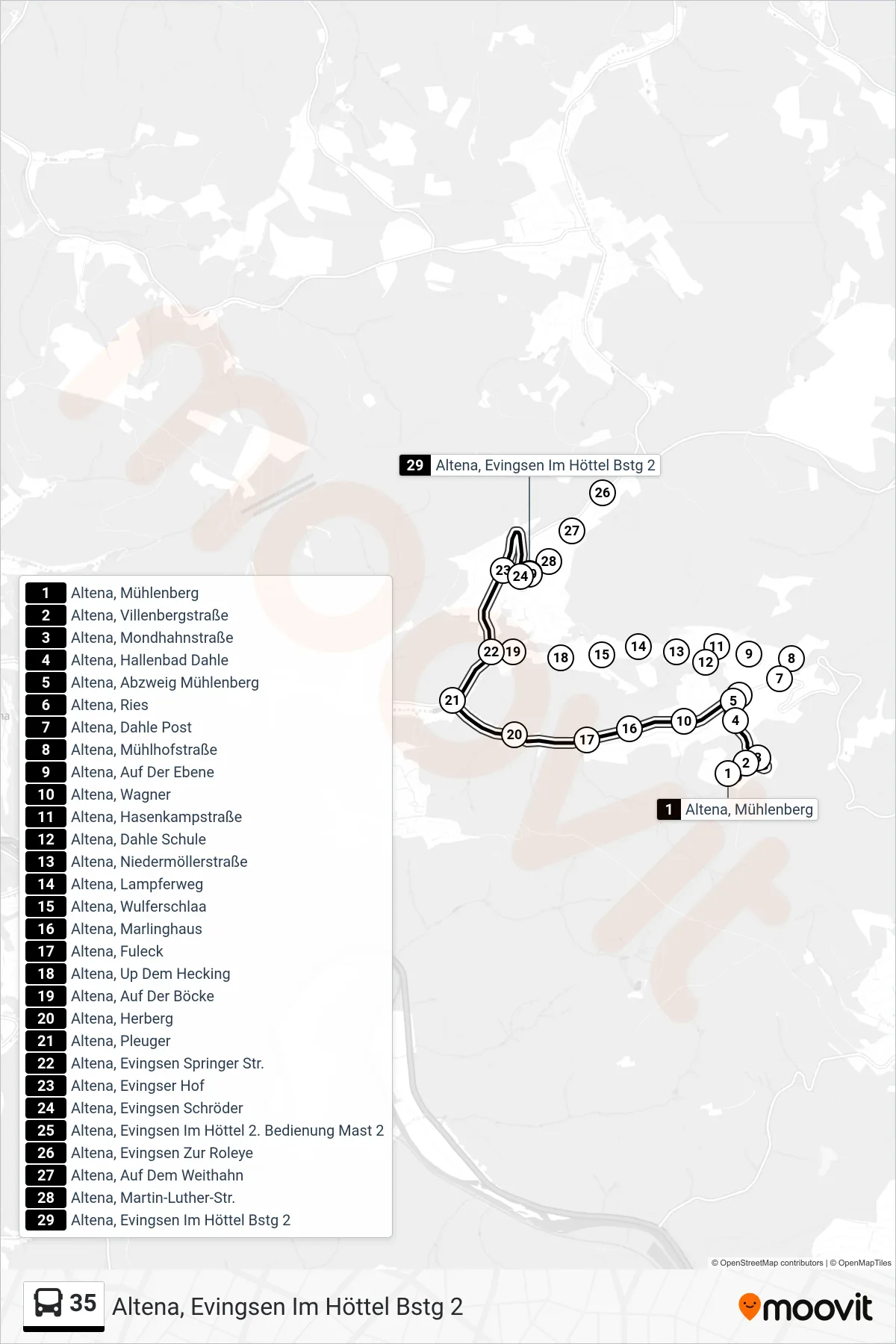 Linie 35 (Bus) Richtung Altena, Evingsen Im Höttel Bstg 2: Route und Haltestellen auf der Karte