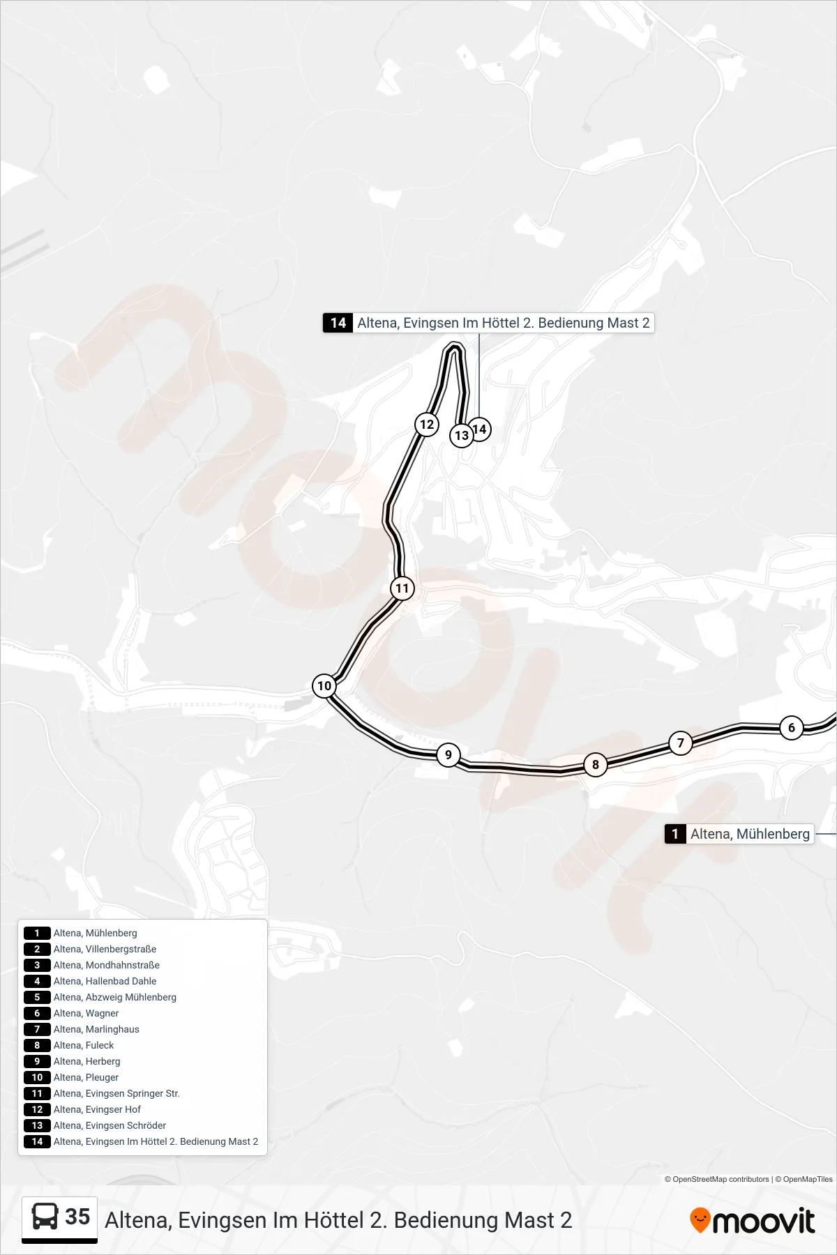 35 bus Line (Altena, Evingsen Im Höttel 2. Bedienung Mast 2) route and stops on a map