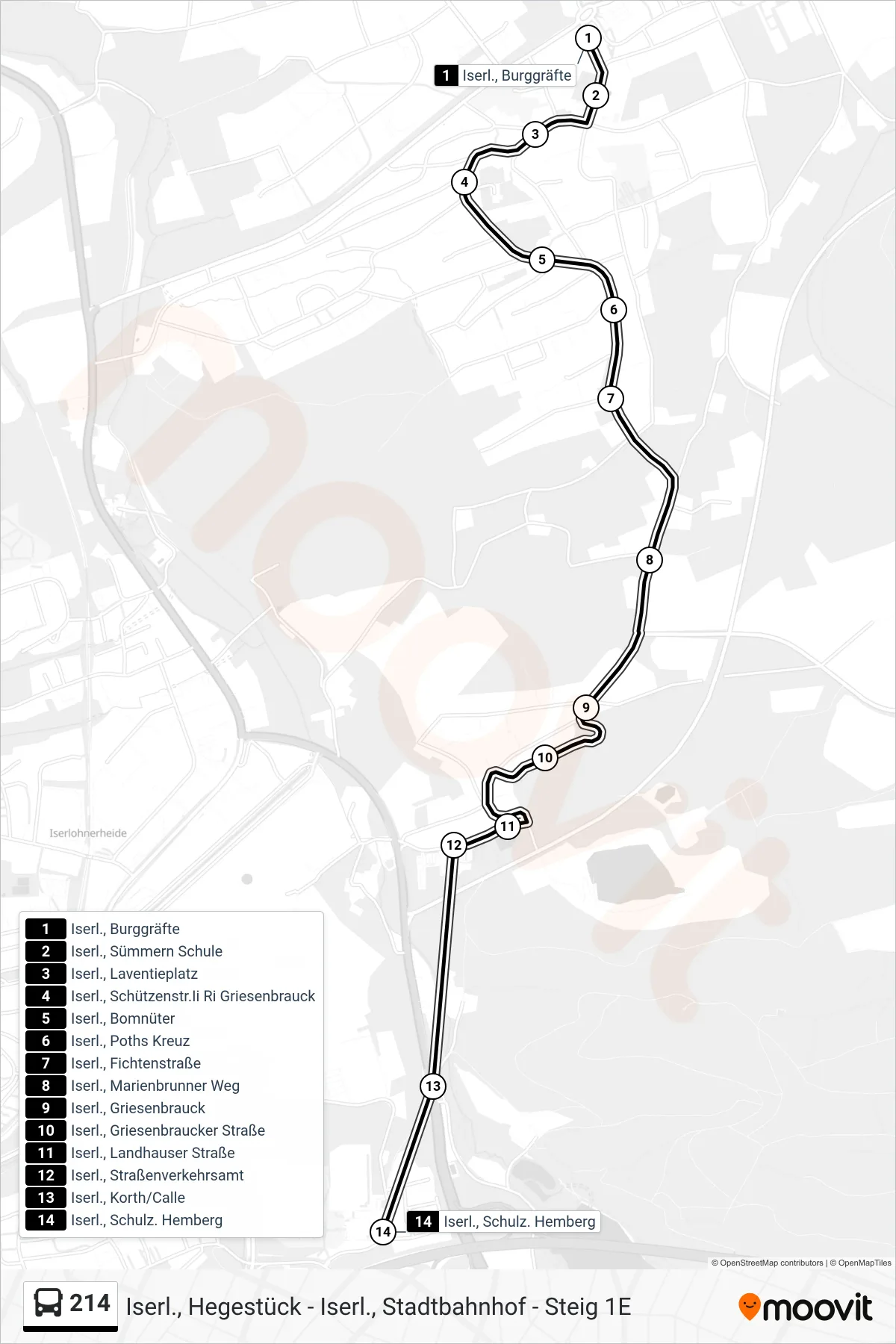 214 bus Line (Iserl., Schulz. Hemberg) route and stops on a map