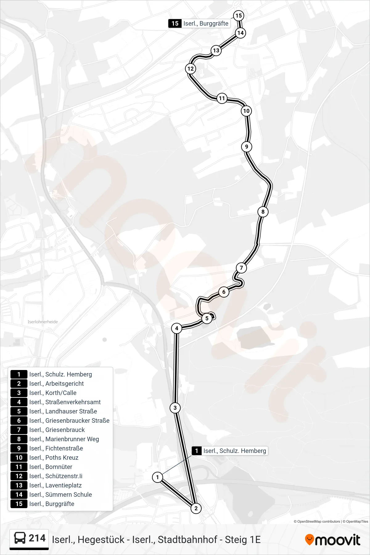 214 bus Line (Iserl., Burggräfte) route and stops on a map