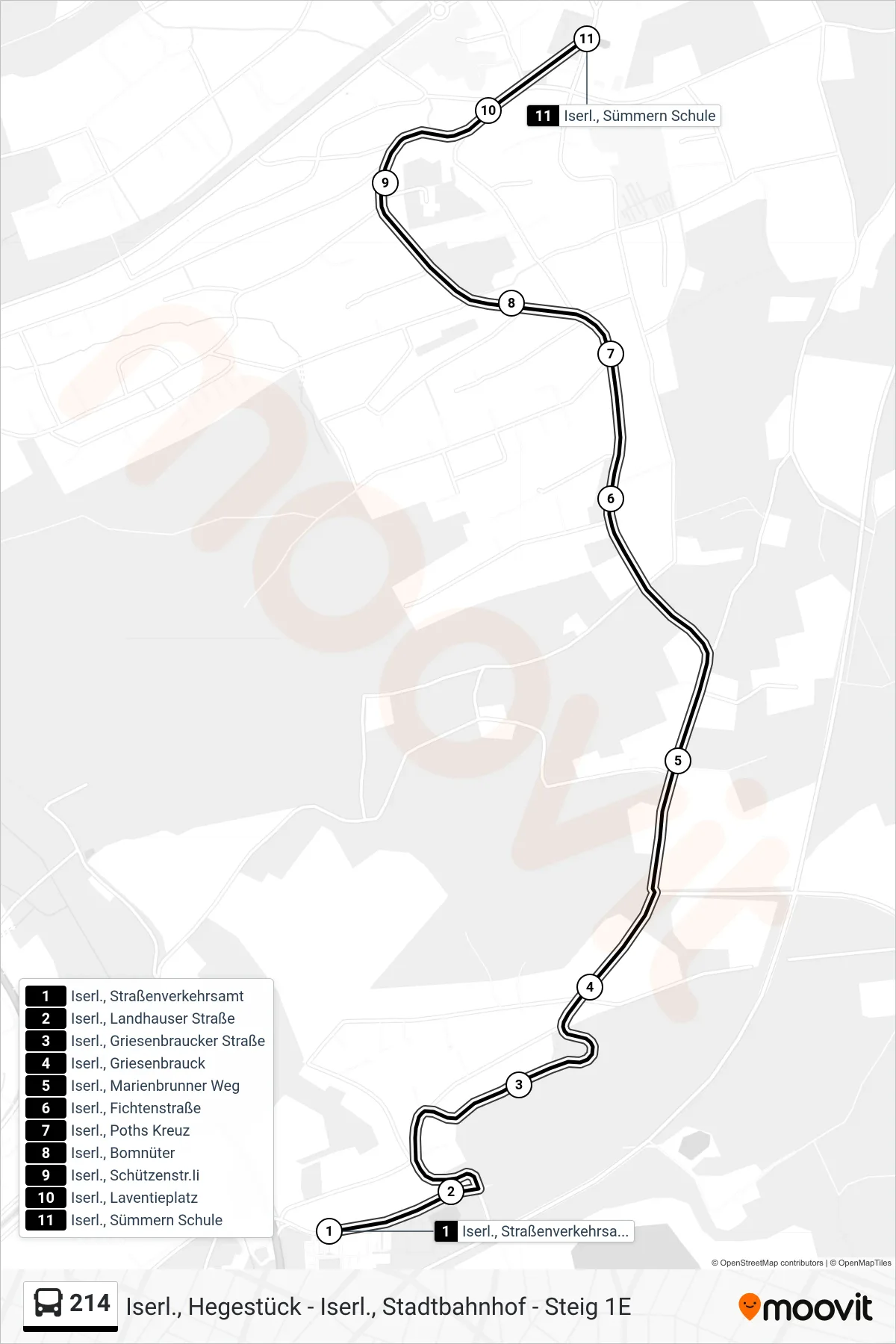 214 bus Line (Iserl., Sümmern Schule) route and stops on a map