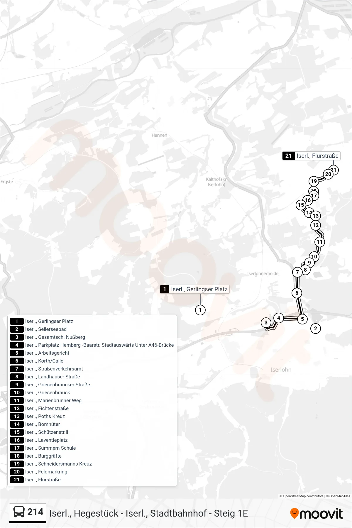 214 bus Line (Iserl., Flurstraße) route and stops on a map