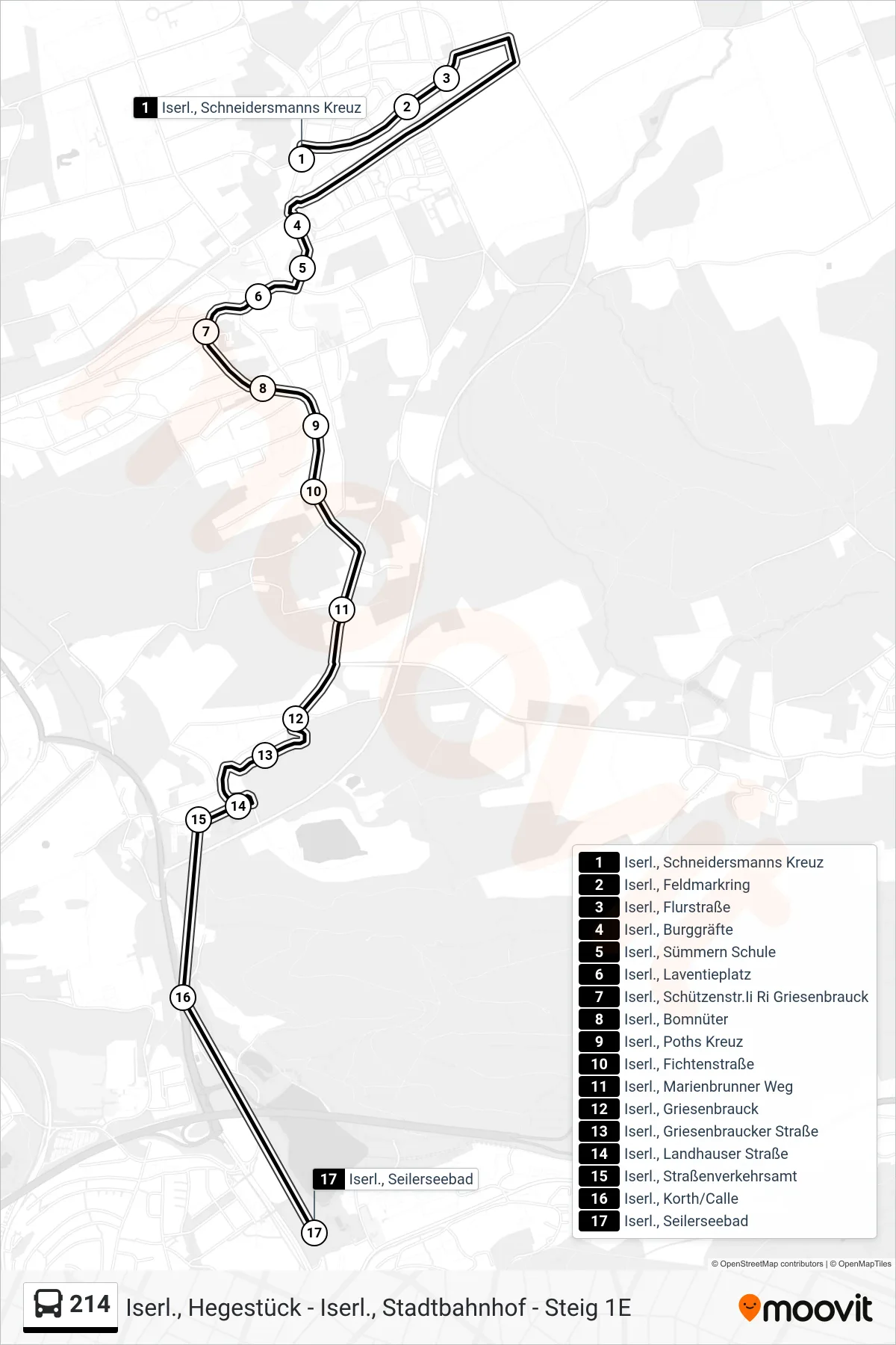 214 bus Line (Iserl., Seilerseebad) route and stops on a map