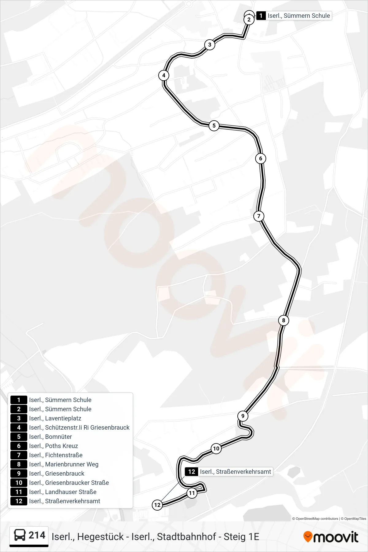 214 bus Line (Iserl., Straßenverkehrsamt) route and stops on a map