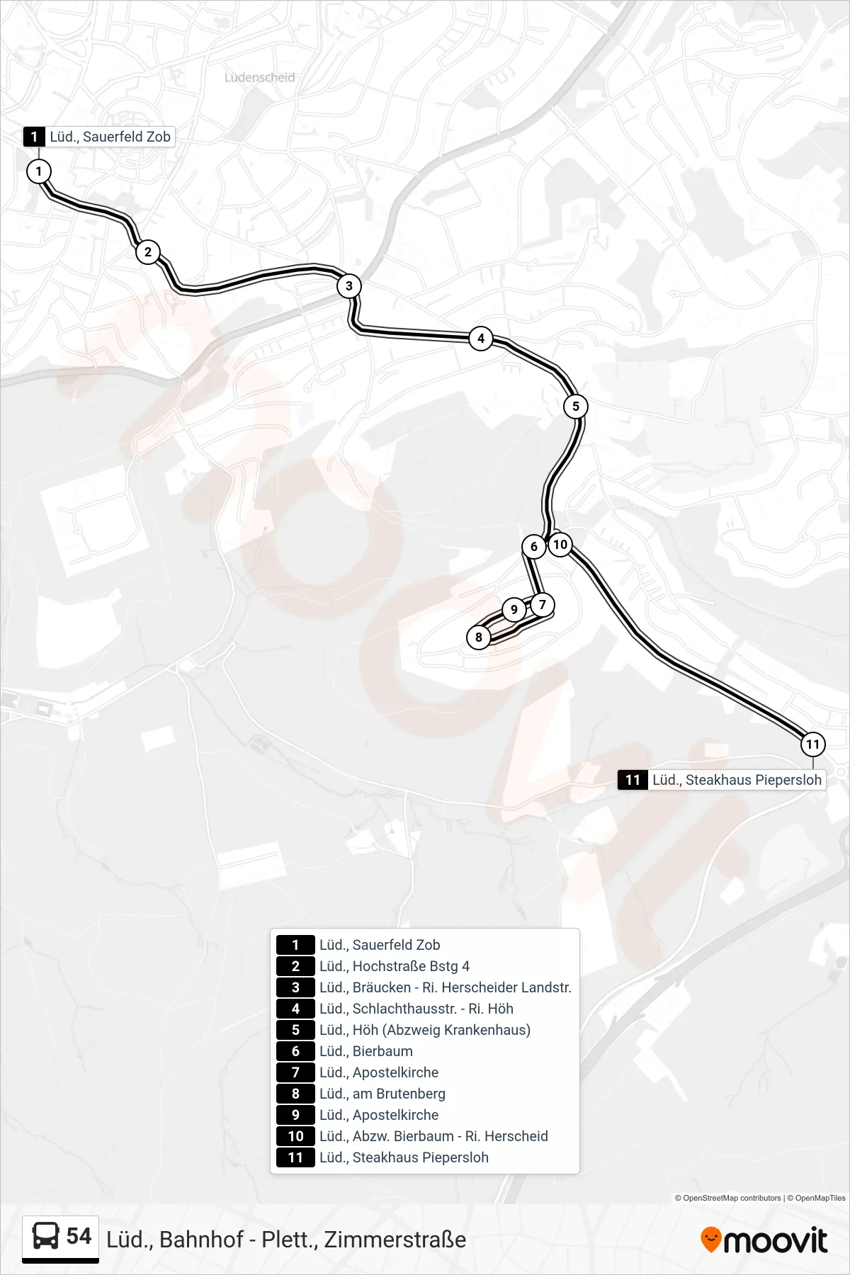 54 bus Line (Lüd., Steakhaus Piepersloh) route and stops on a map