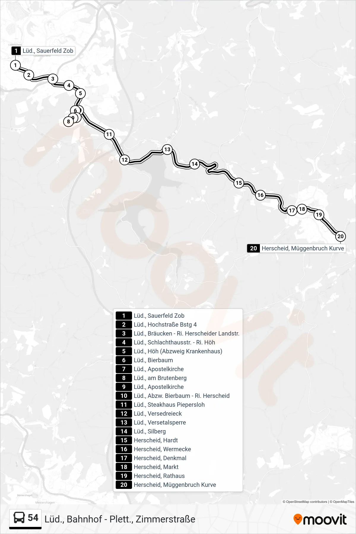 54 bus Line (Herscheid, Müggenbruch Kurve) route and stops on a map