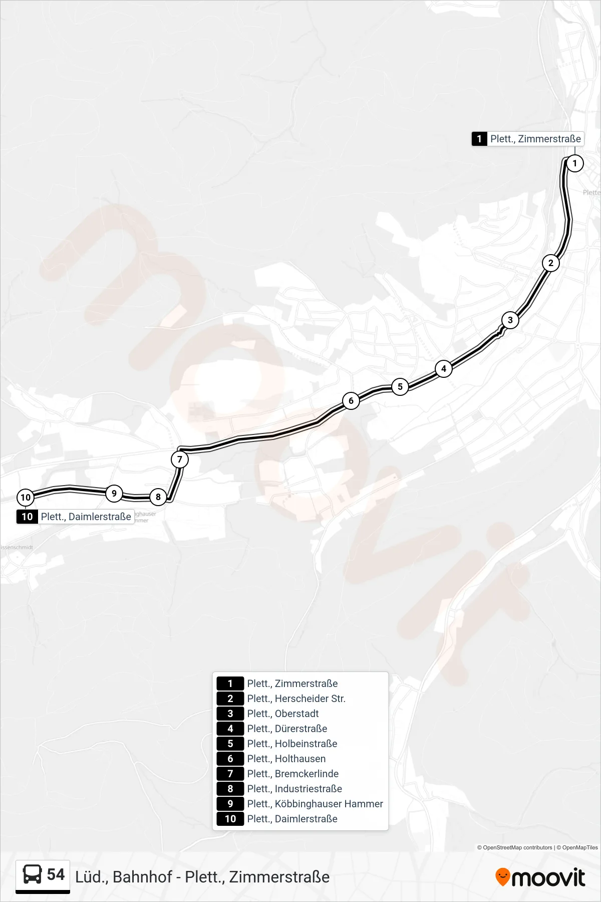 54 bus Line (Plett., Daimlerstraße) route and stops on a map
