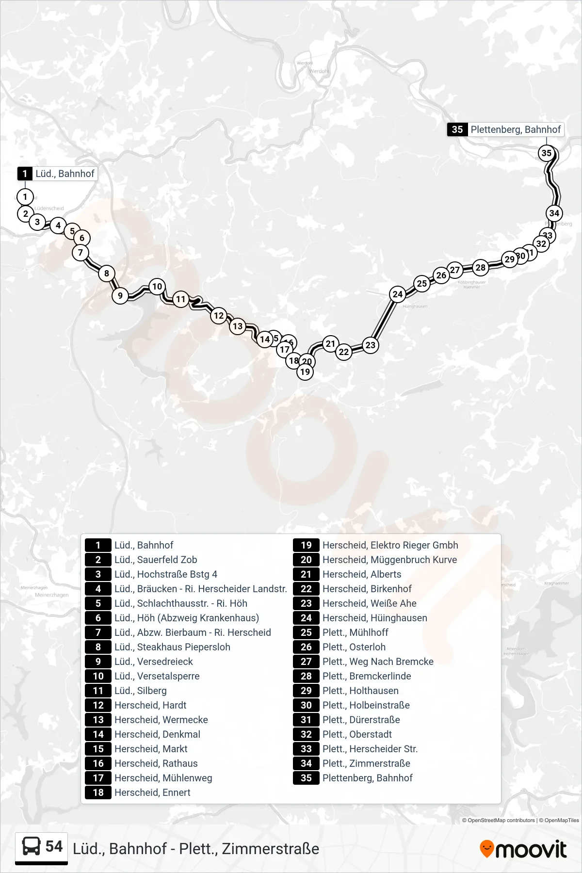 54 bus Line (Plettenberg, Bahnhof) route and stops on a map