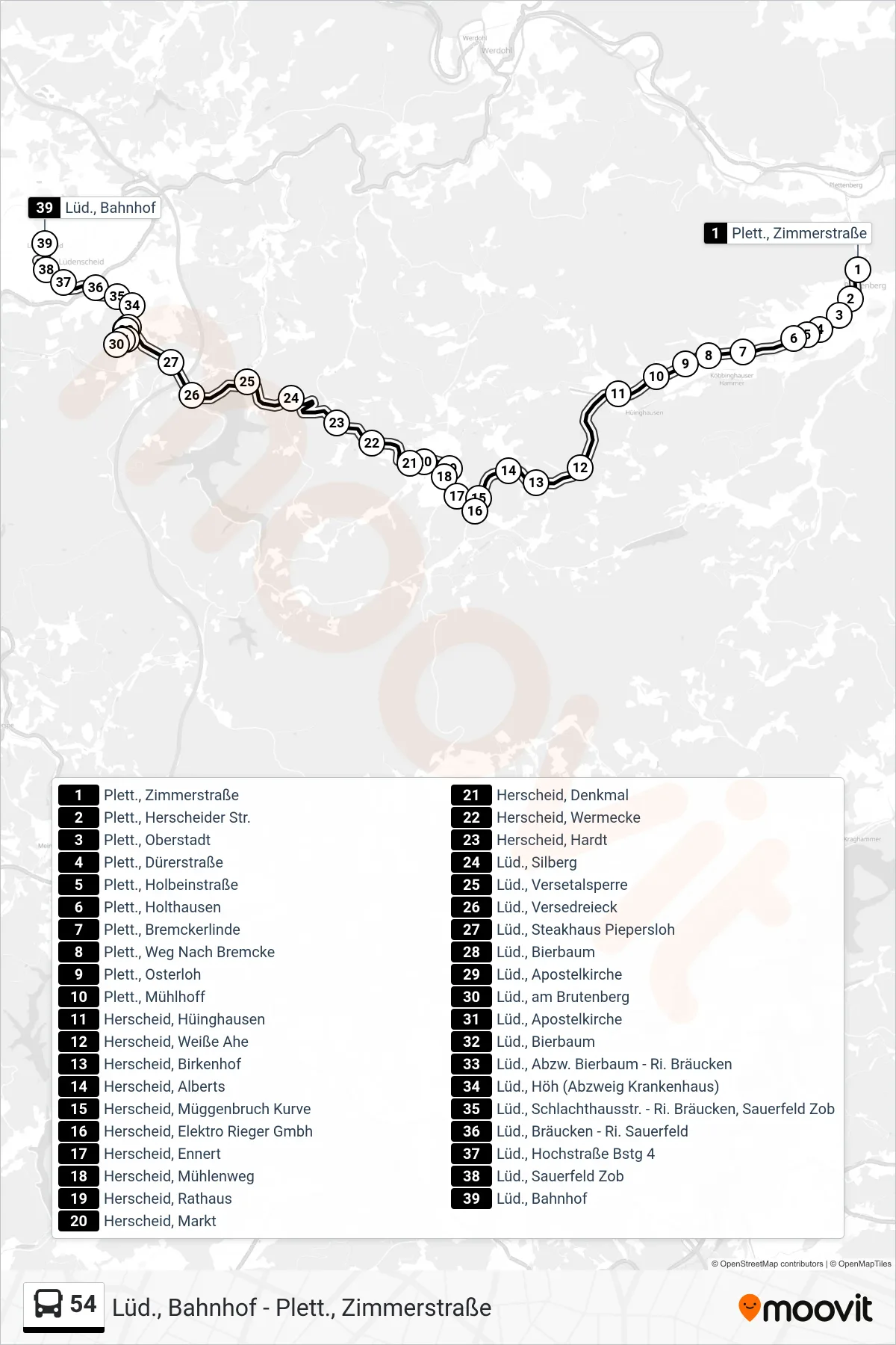 54 bus Line (Lüd., Bahnhof) route and stops on a map