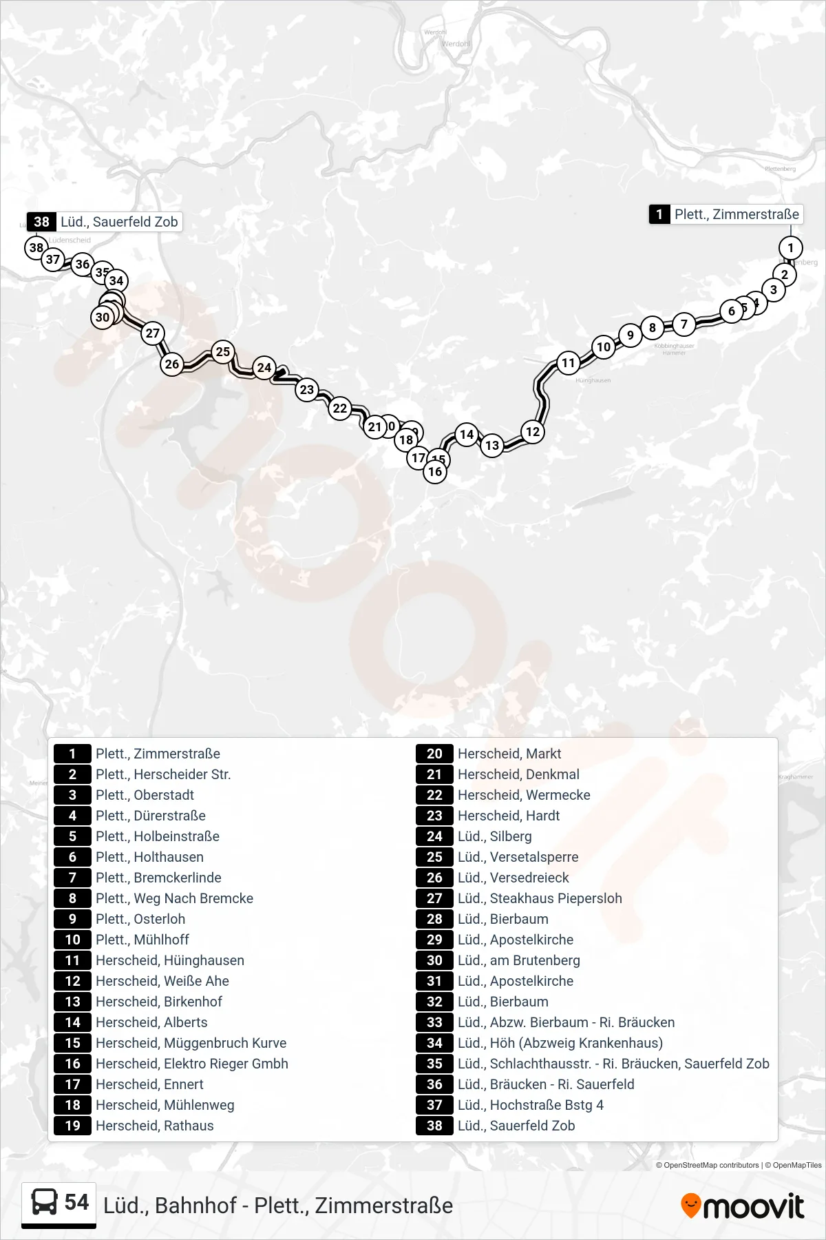 Linie 54 (Bus) Richtung Lüd., Sauerfeld Zob - Steig 1f: Route und Haltestellen auf der Karte