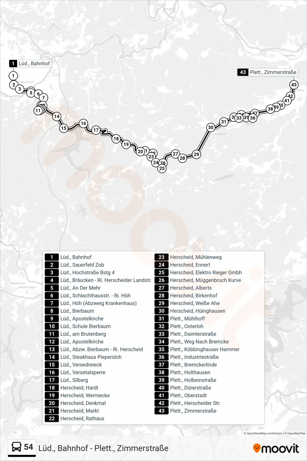 54 bus Line (Plett., Zimmerstraße) route and stops on a map