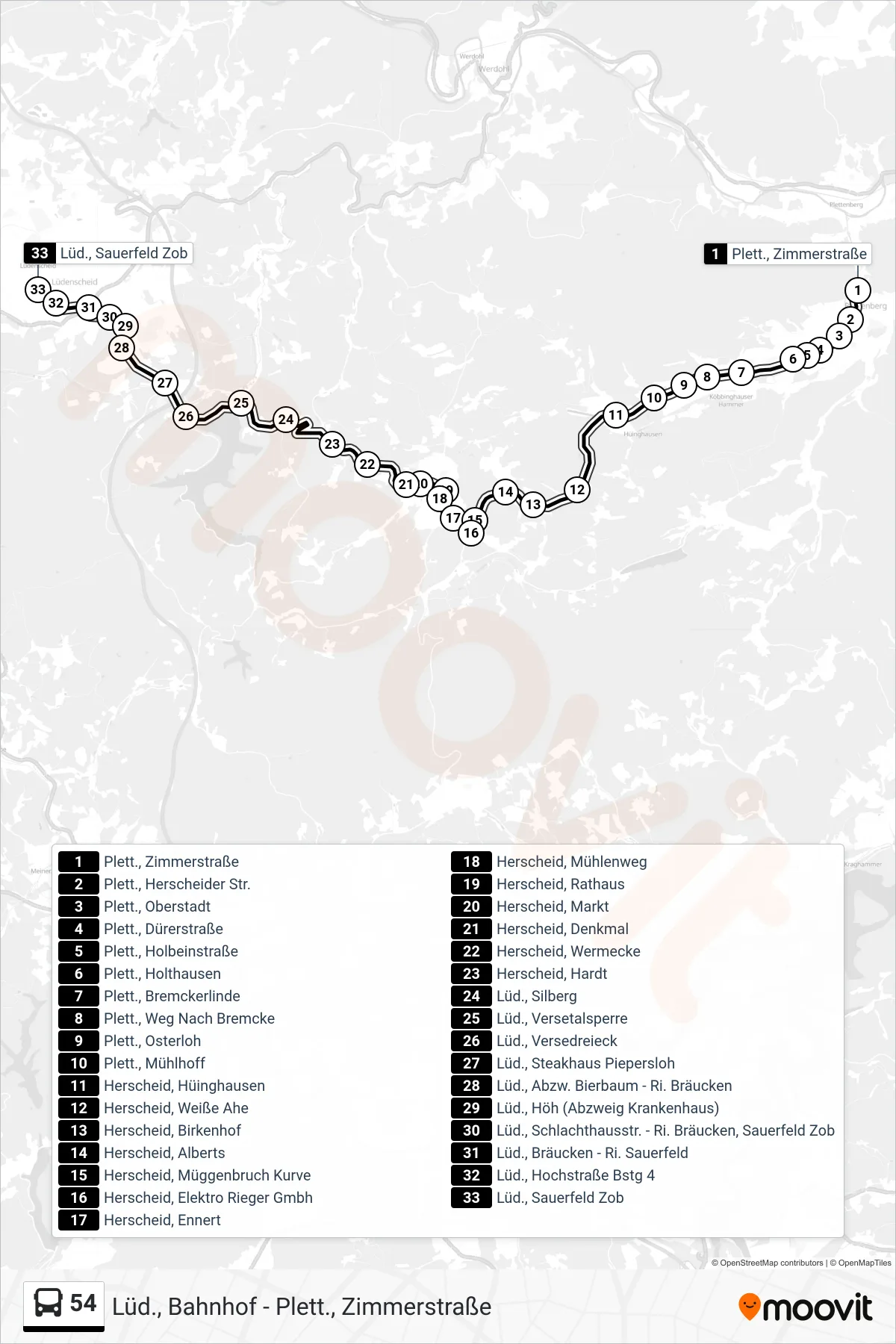 54 bus Line (Lüd., Sauerfeld Zob - Steig 1e) route and stops on a map