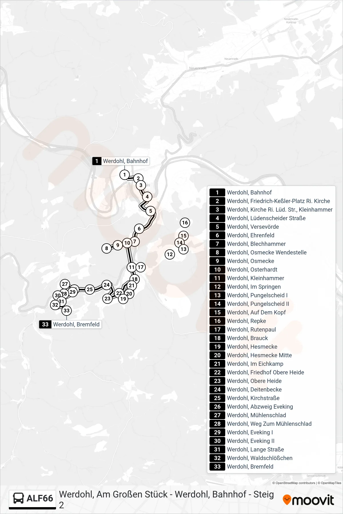 ALF66 bus Line (Werdohl, Bremfeld) route and stops on a map