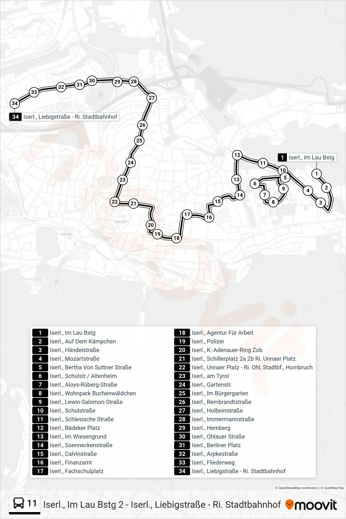 Linie 11 (Bus) Richtung Iserl., Liebigstraße - Ri. Stadtbahnhof: Route und Haltestellen auf der Karte