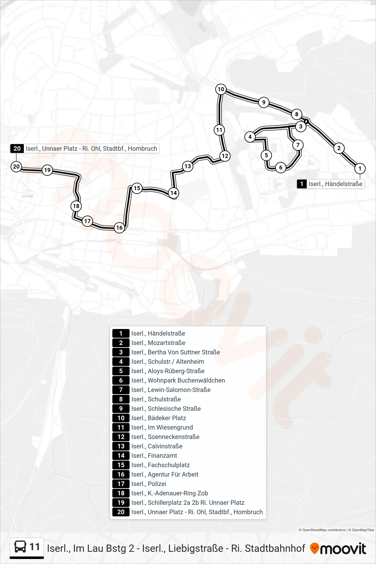 11 bus Line (Iserl., Unnaer Platz - Ri. Ohl, Stadtbf., Hombruch) route and stops on a map