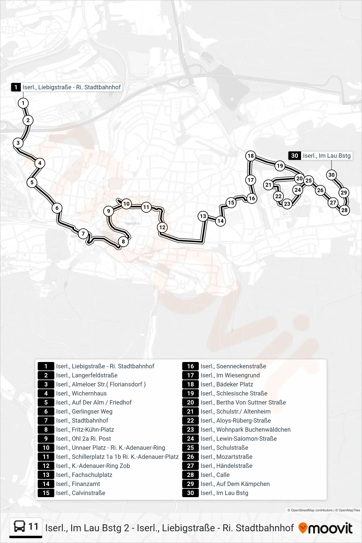11 bus Line (Iserl., Im Lau Bstg 1) route and stops on a map
