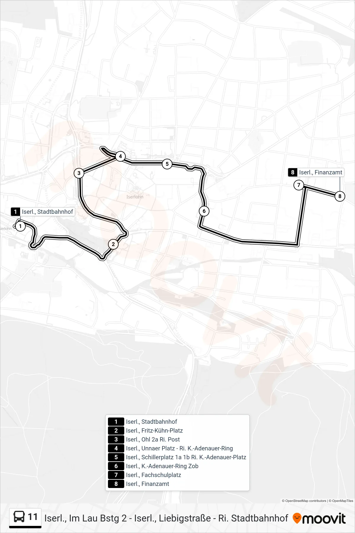 11 bus Line (Iserl., Finanzamt) route and stops on a map