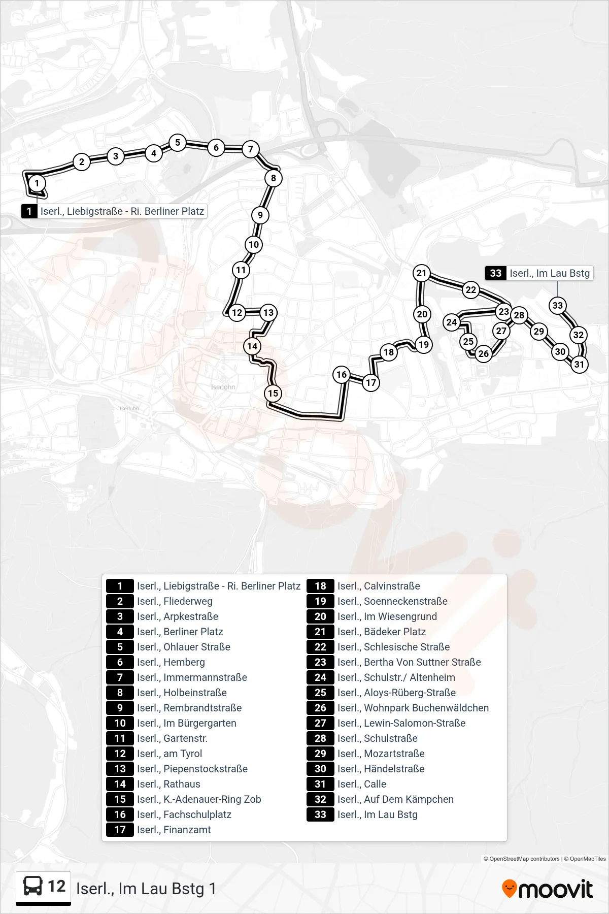 Linie 12 (Bus) Richtung Iserl., Im Lau Bstg 1: Route und Haltestellen auf der Karte