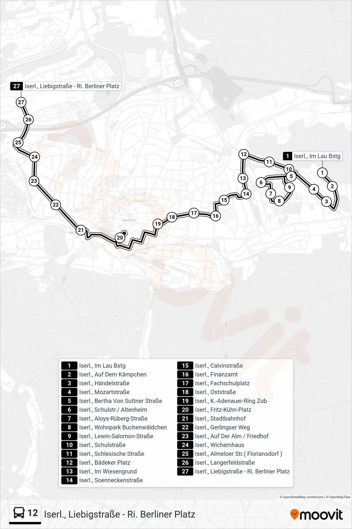 12 bus Line (Iserl., Liebigstraße - Ri. Berliner Platz) route and stops on a map