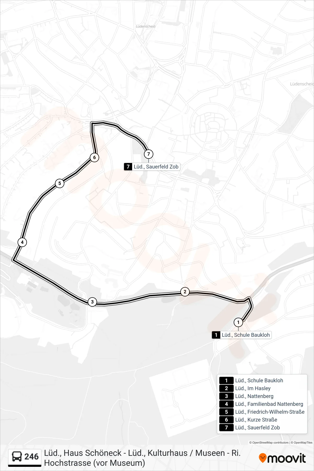 Linie 246 (Bus) Richtung Lüd., Sauerfeld Zob - Steig 2e: Route und Haltestellen auf der Karte