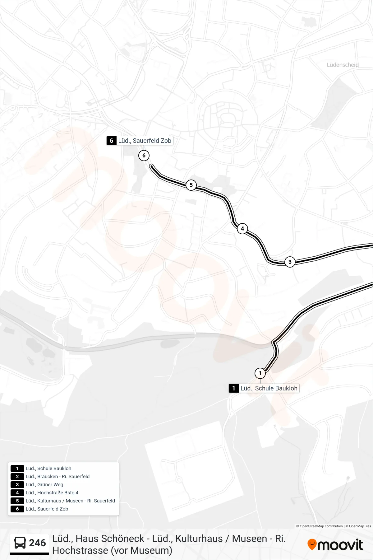 246 bus Line (Lüd., Sauerfeld Zob - Steig 1a) route and stops on a map