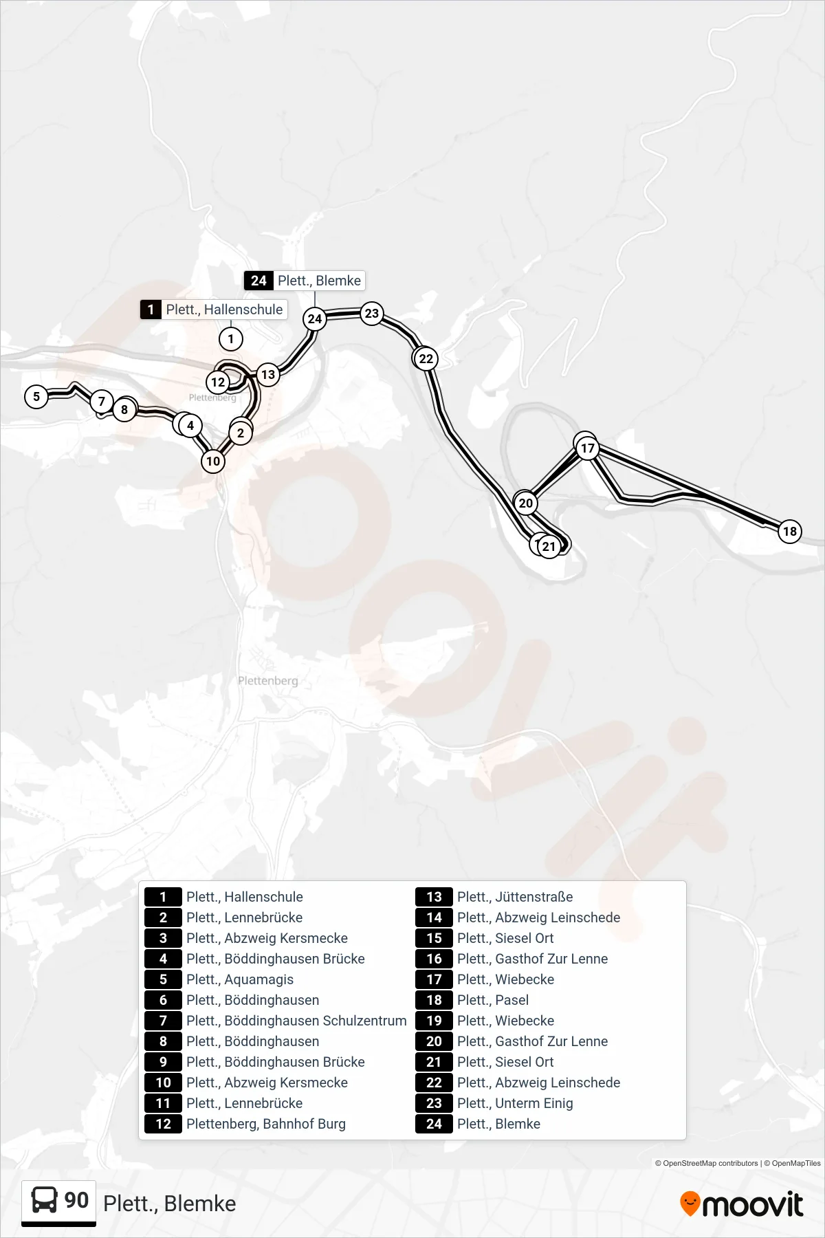 90 bus Line (Plett., Blemke) route and stops on a map