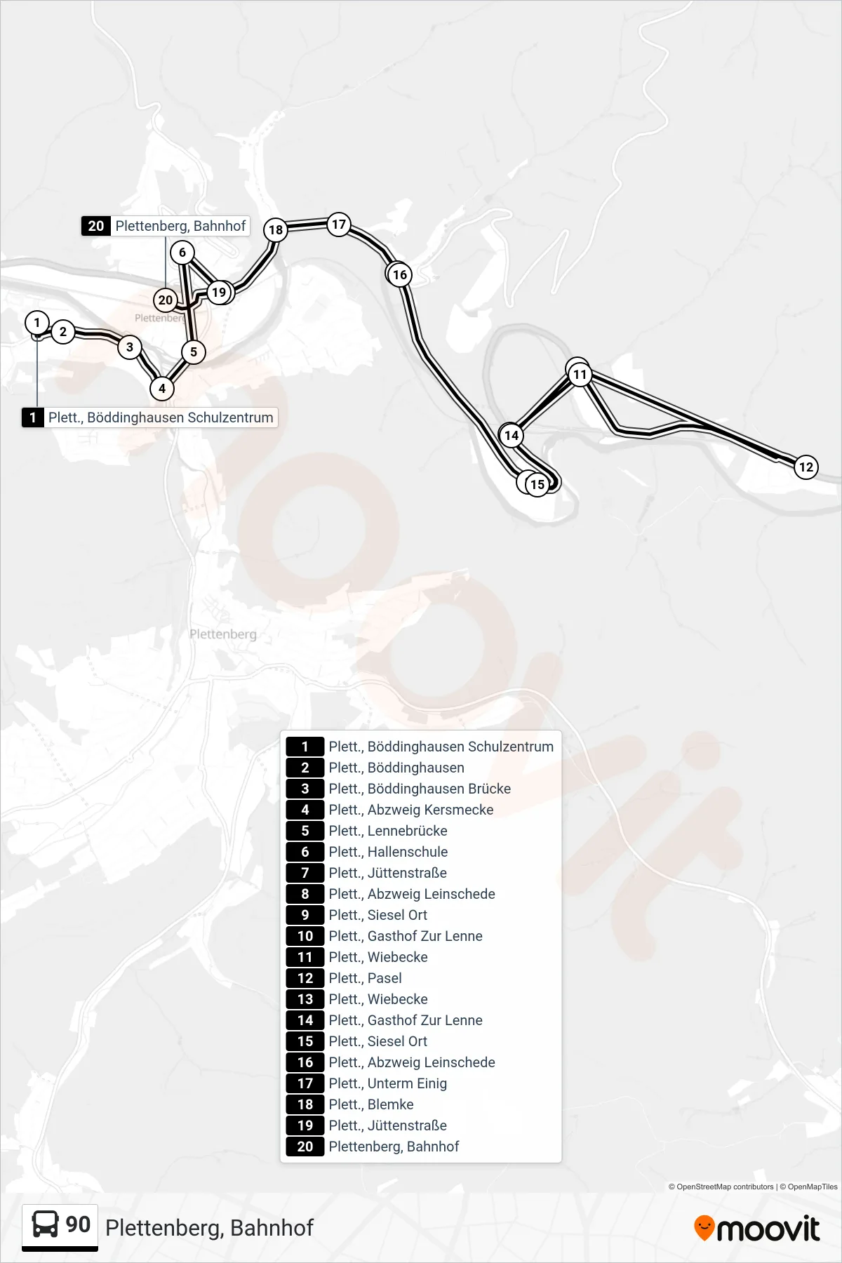 90 bus Line (Plettenberg, Bahnhof) route and stops on a map