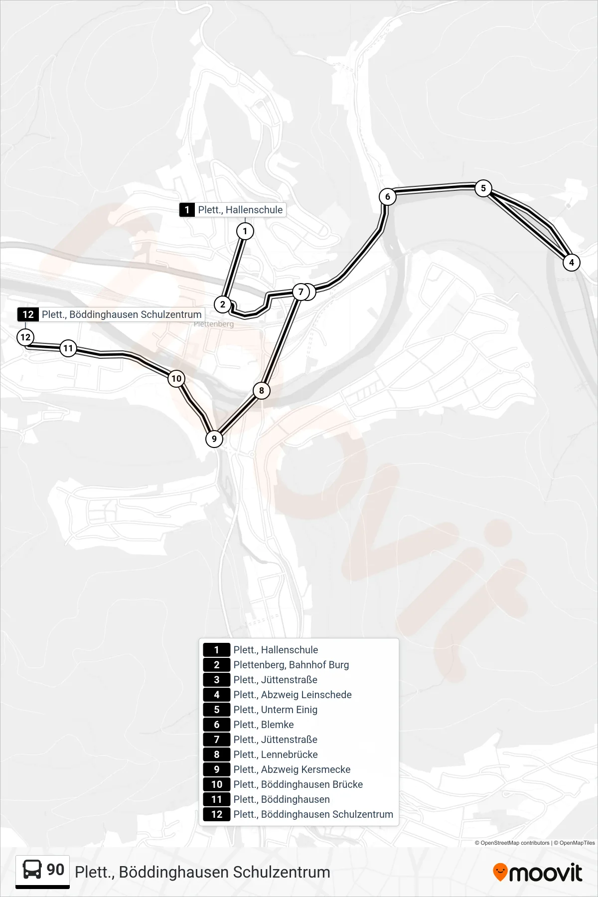 90 bus Line (Plett., Böddinghausen Schulzentrum) route and stops on a map