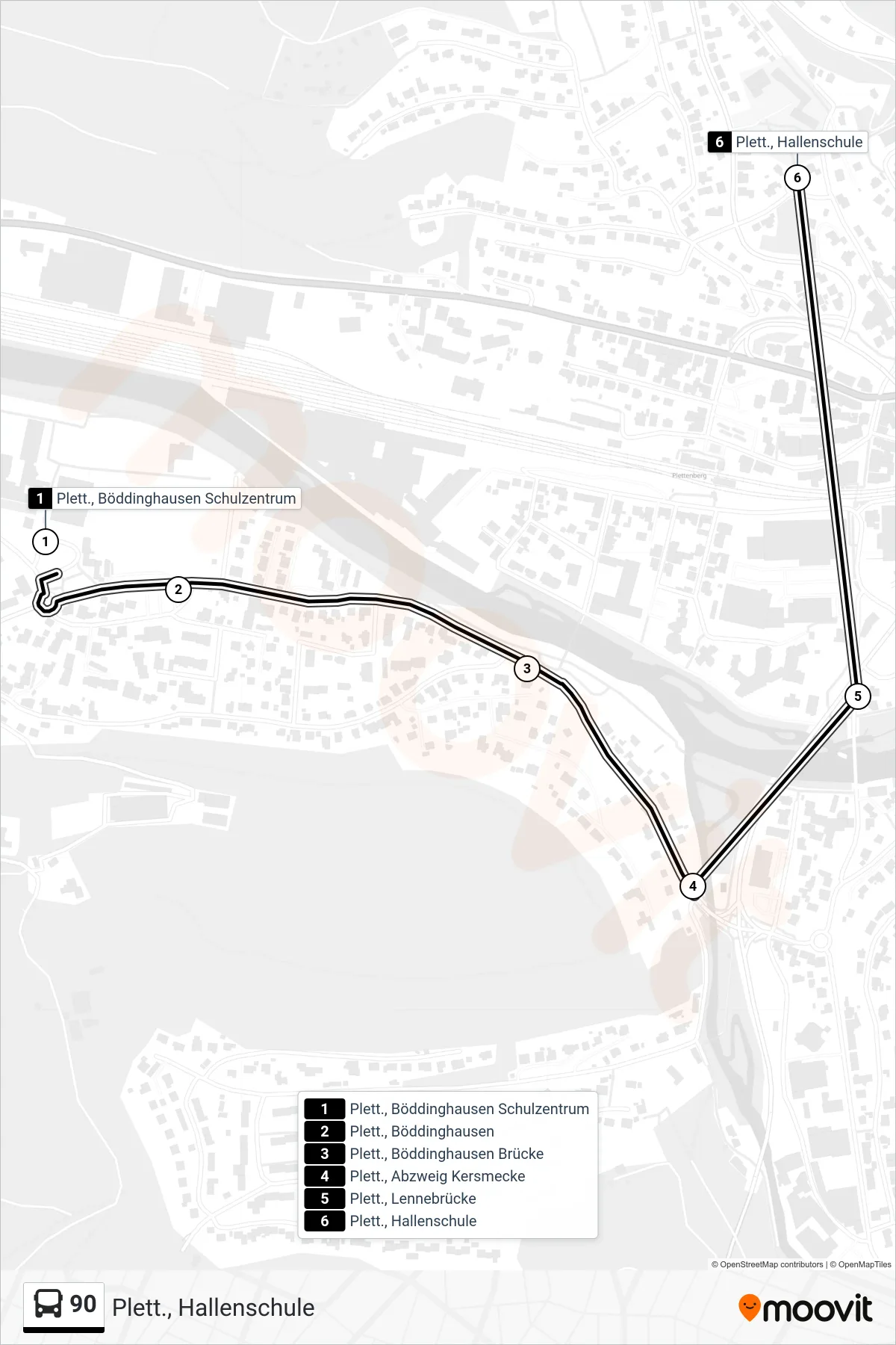 90 bus Line (Plett., Hallenschule) route and stops on a map