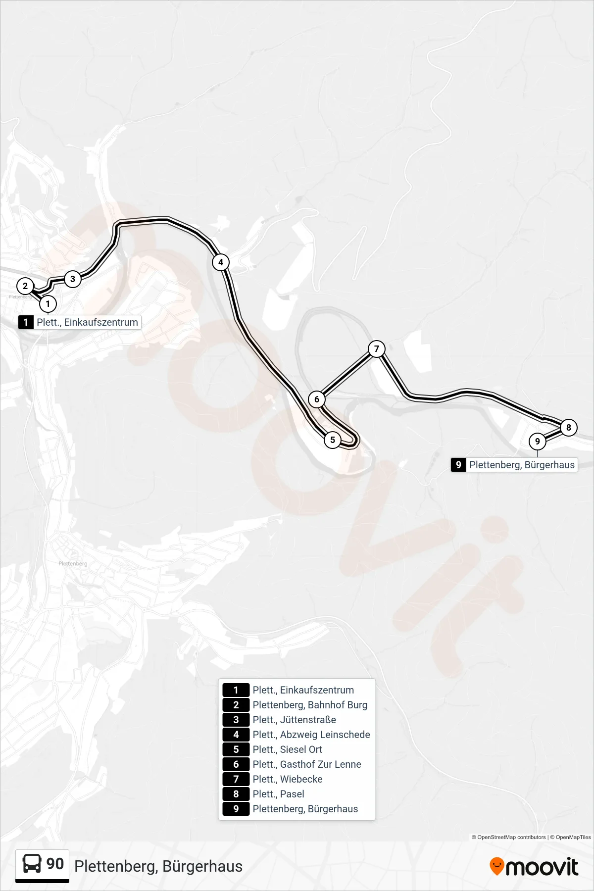 90 bus Line (Plettenberg, Bürgerhaus) route and stops on a map