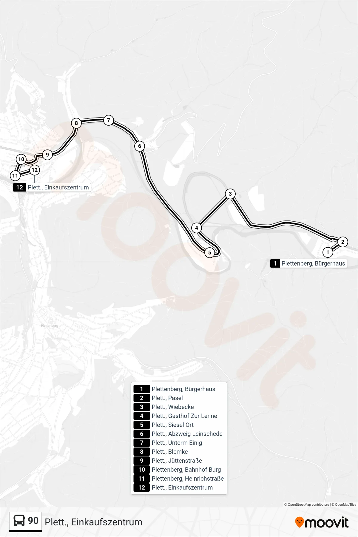 Linie 90 (Bus) Richtung Plett., Einkaufszentrum: Route und Haltestellen auf der Karte