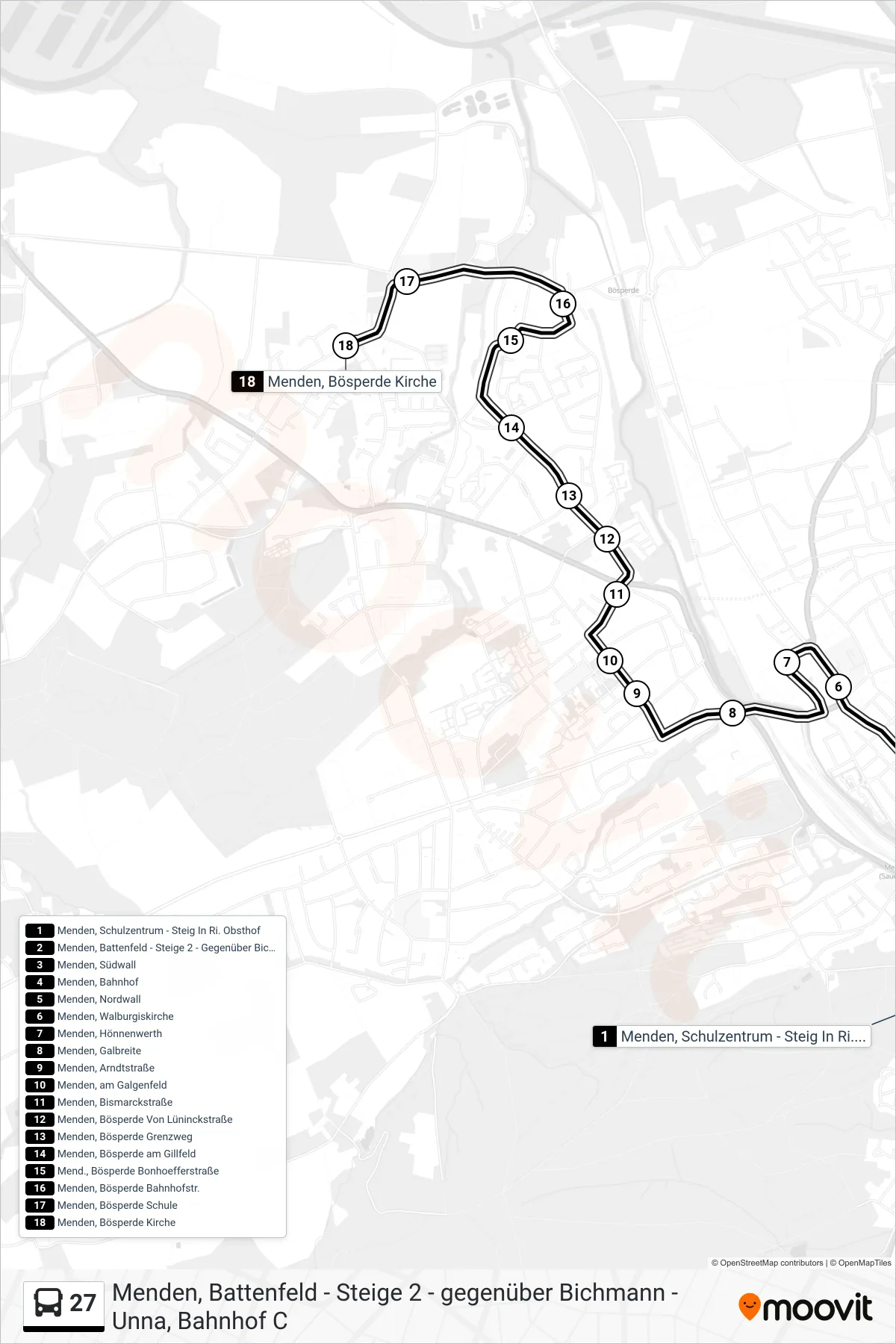 27 bus Line (Menden, Bösperde Kirche) route and stops on a map