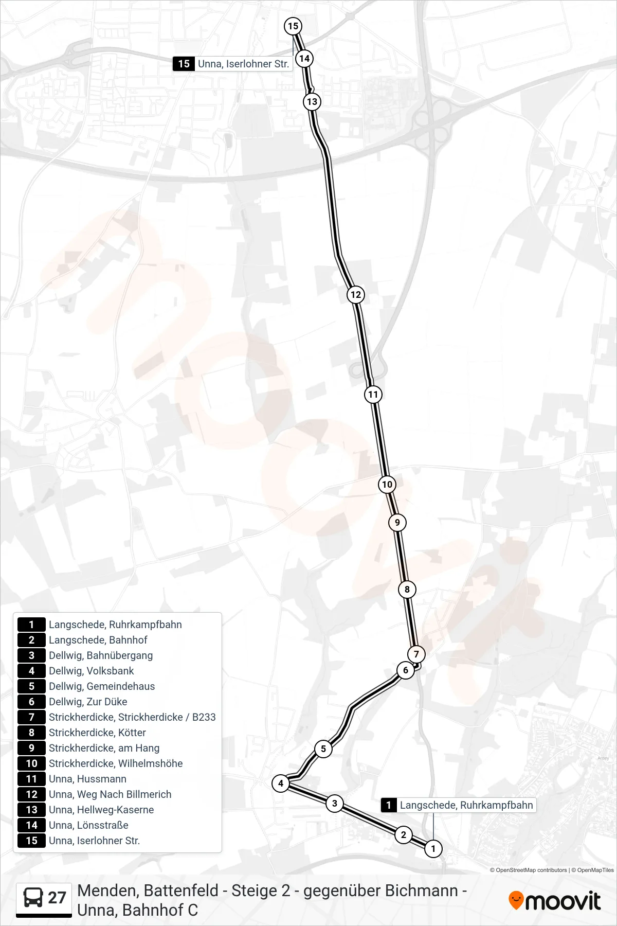 27 bus Line (Unna, Iserlohner Str.) route and stops on a map