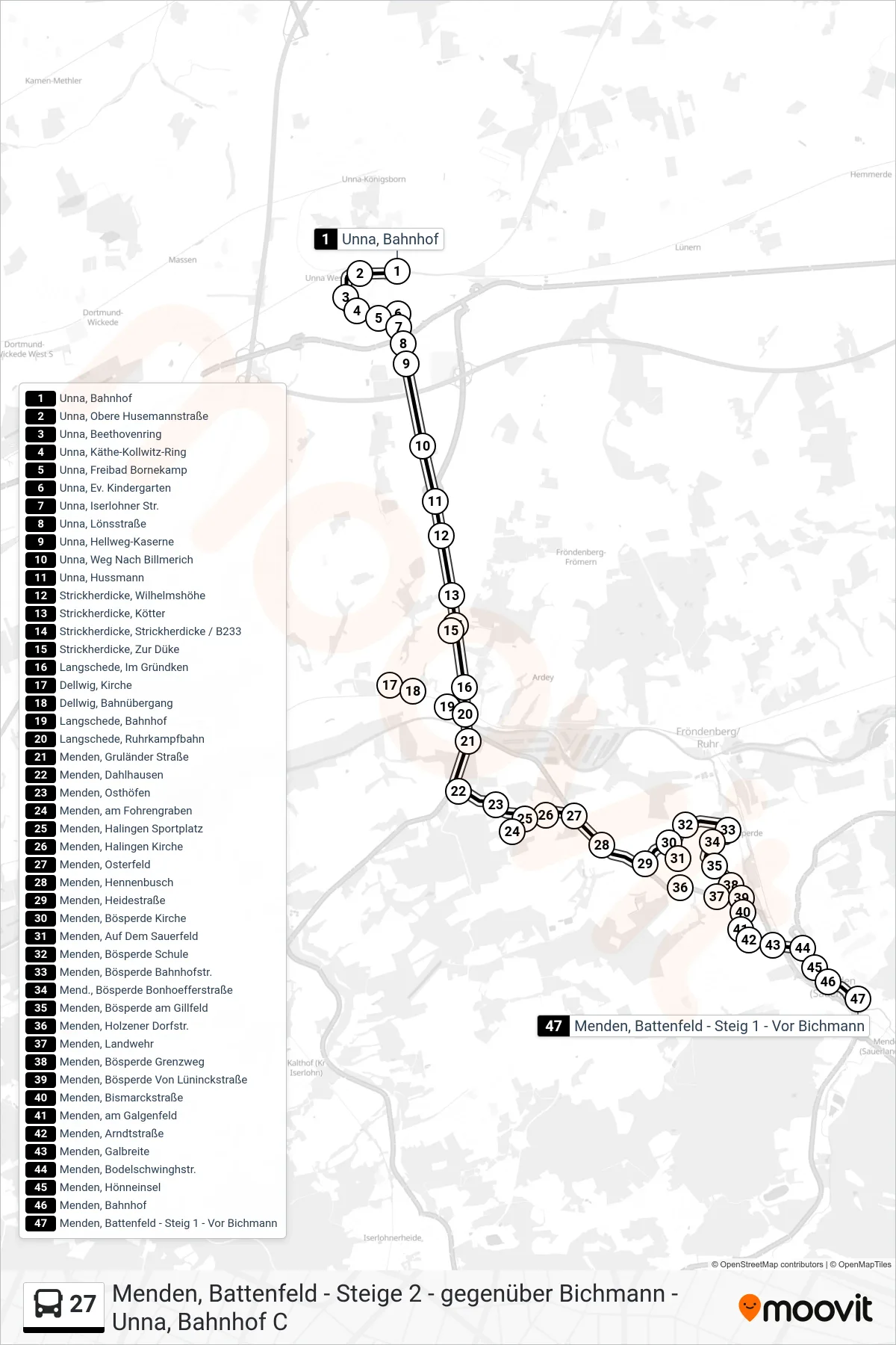 Linie 27 (Bus) Richtung Menden, Battenfeld - Steig 1 - Vor Bichmann: Route und Haltestellen auf der Karte
