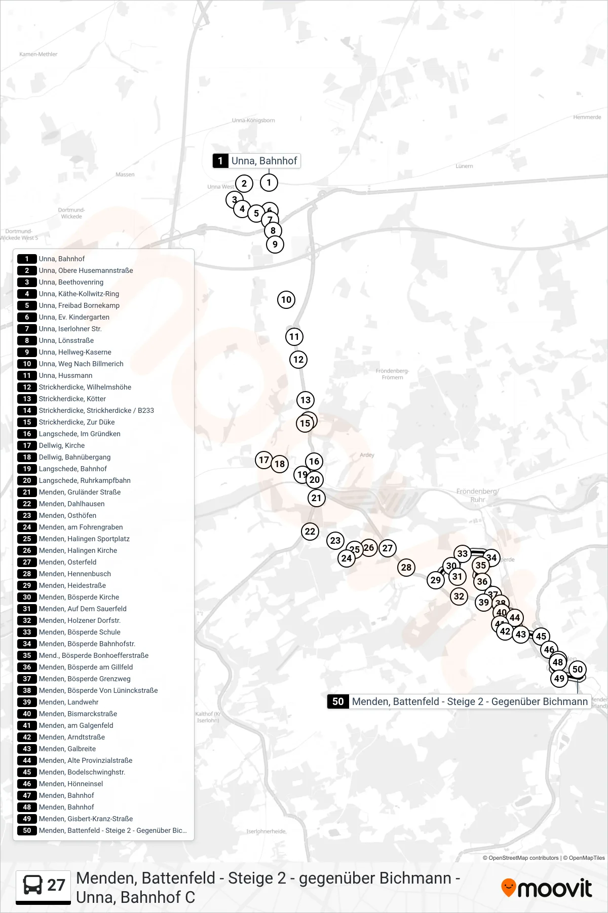 27 bus Line (Menden, Battenfeld - Steige 2 - Gegenüber Bichmann) route and stops on a map