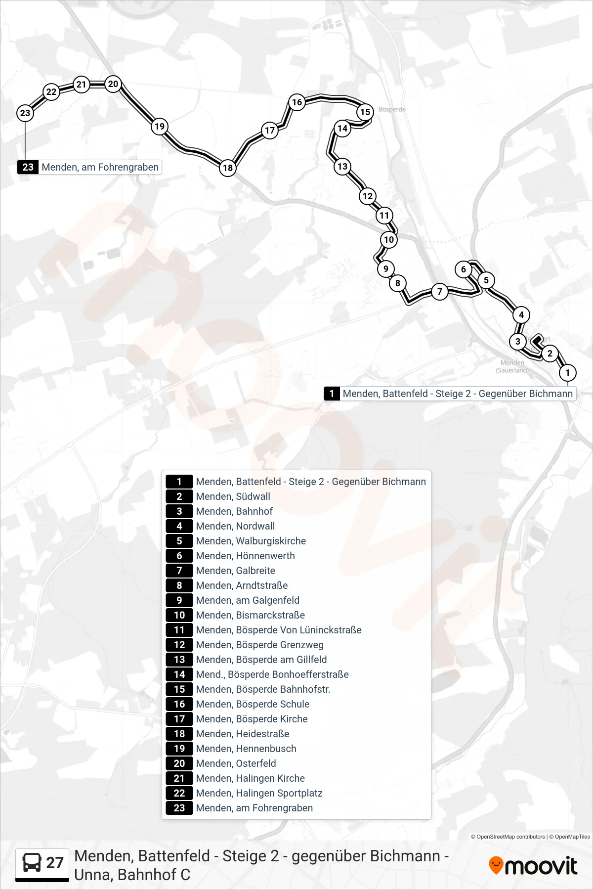 27 bus Line (Menden, am Fohrengraben) route and stops on a map