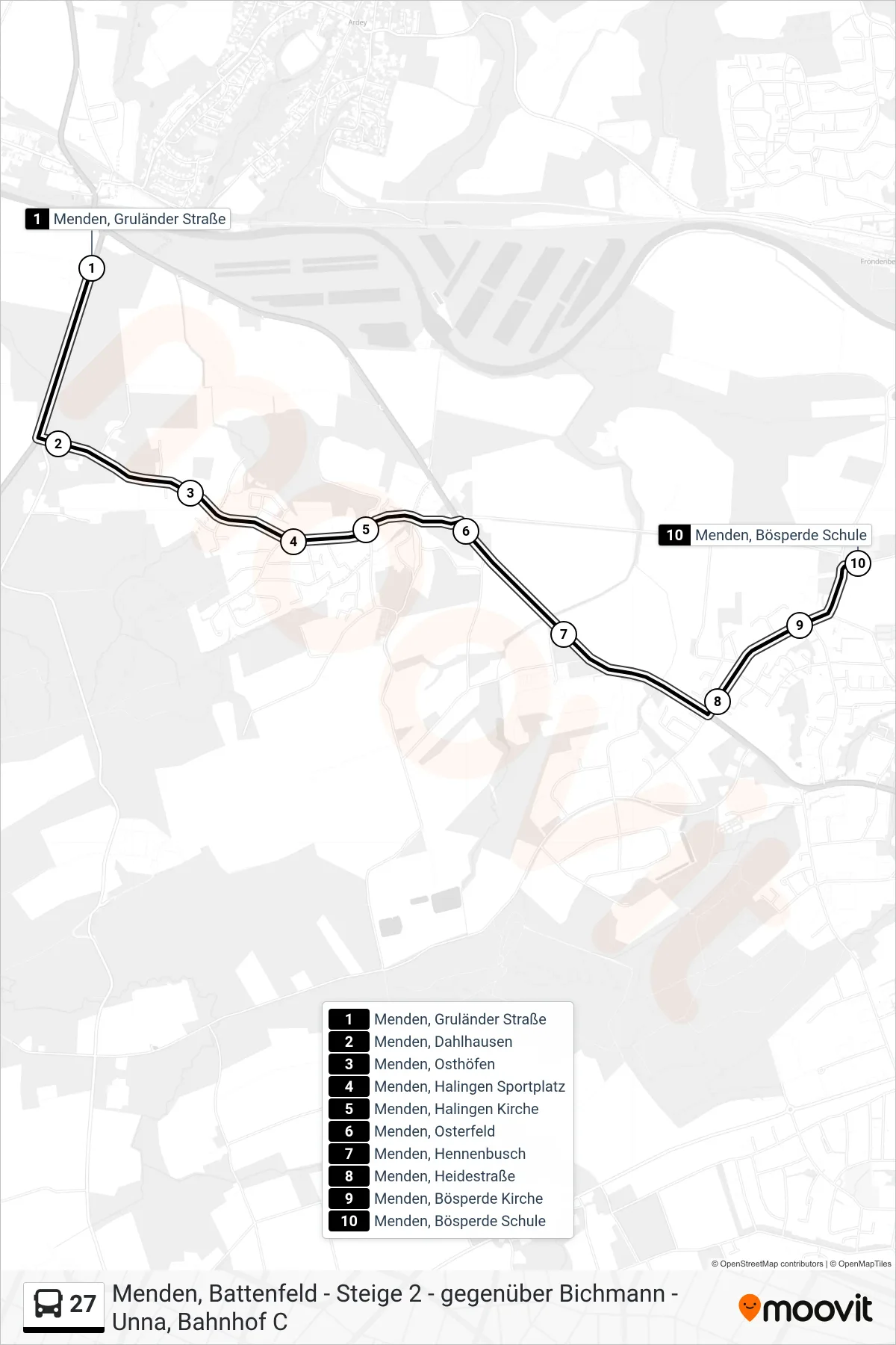27 bus Line (Menden, Bösperde Schule) route and stops on a map