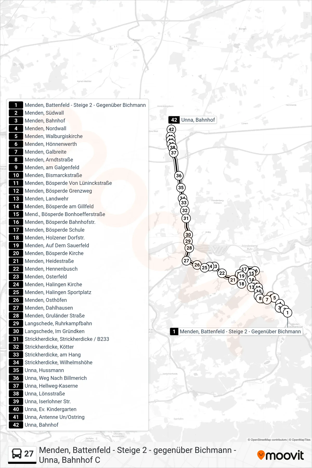 Linie 27 (Bus) Richtung Unna, Bahnhof A: Route und Haltestellen auf der Karte