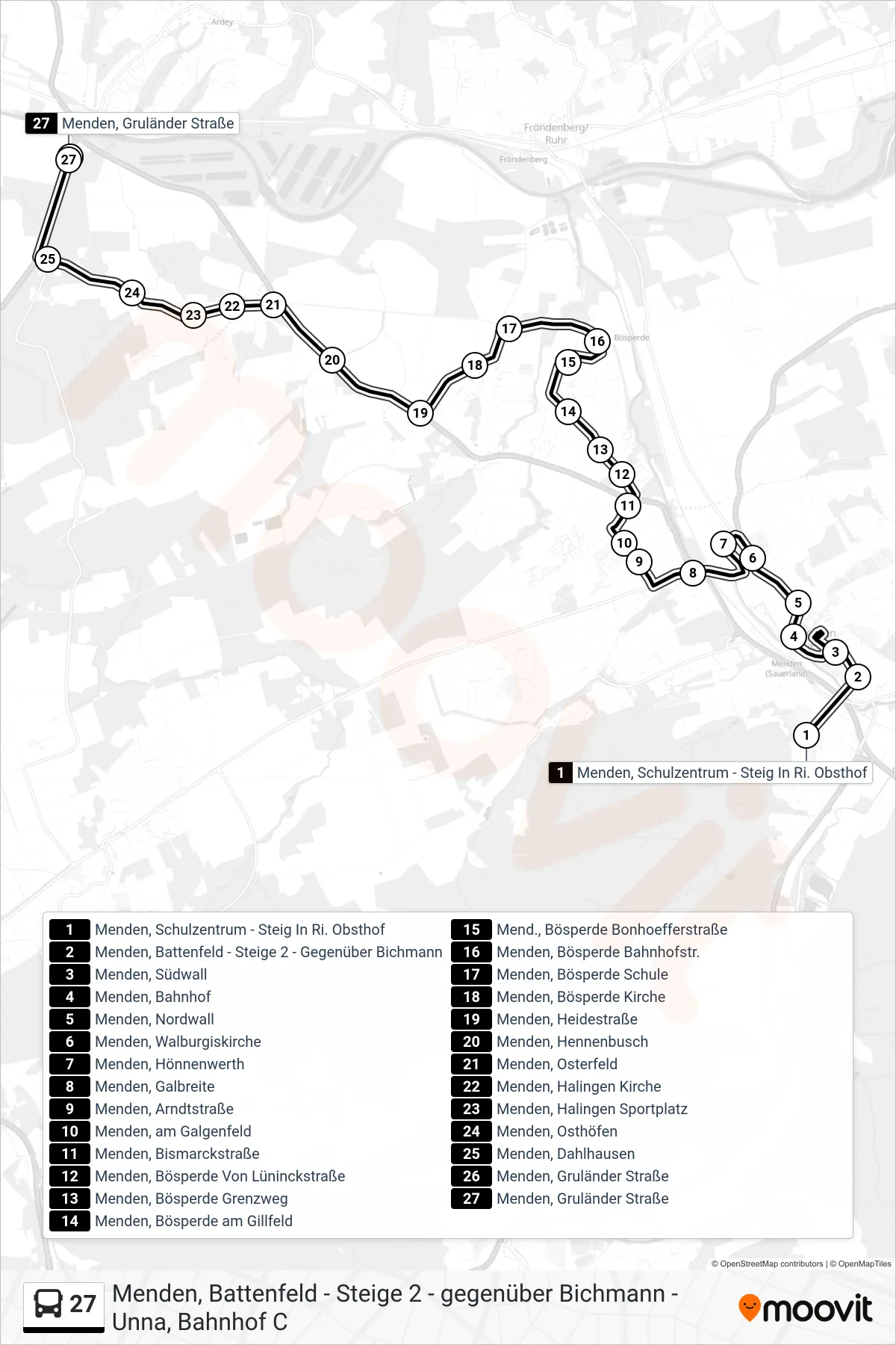 27 bus Line (Menden, Gruländer Straße) route and stops on a map