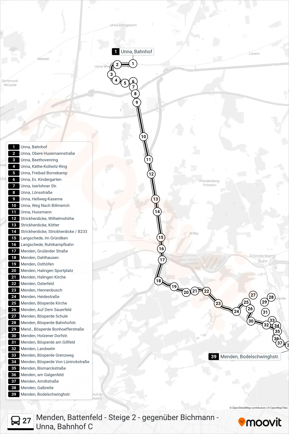 Linie 27 (Bus) Richtung Menden, Bodelschwinghstr.: Route und Haltestellen auf der Karte