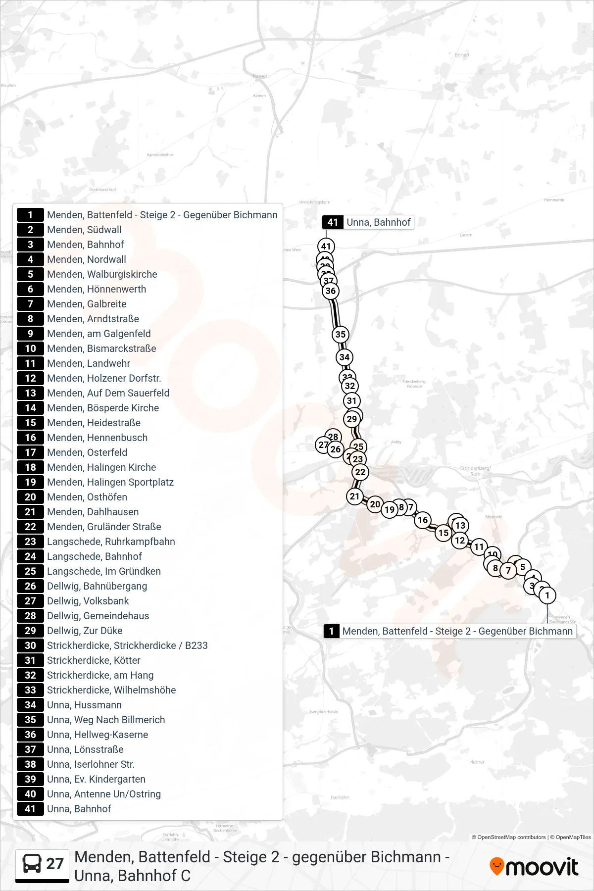 27 bus Line (Unna, Bahnhof C) route and stops on a map