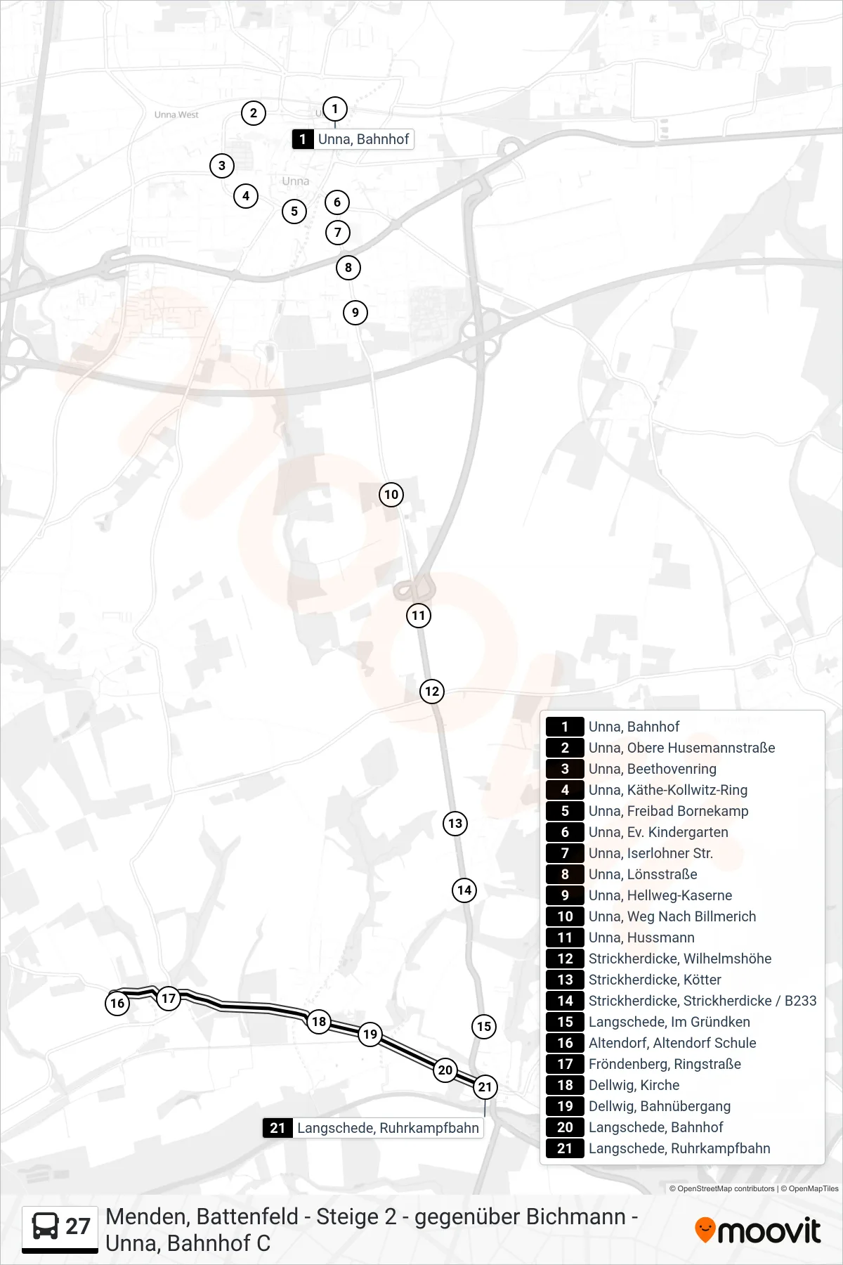 27 bus Line (Langschede, Ruhrkampfbahn) route and stops on a map