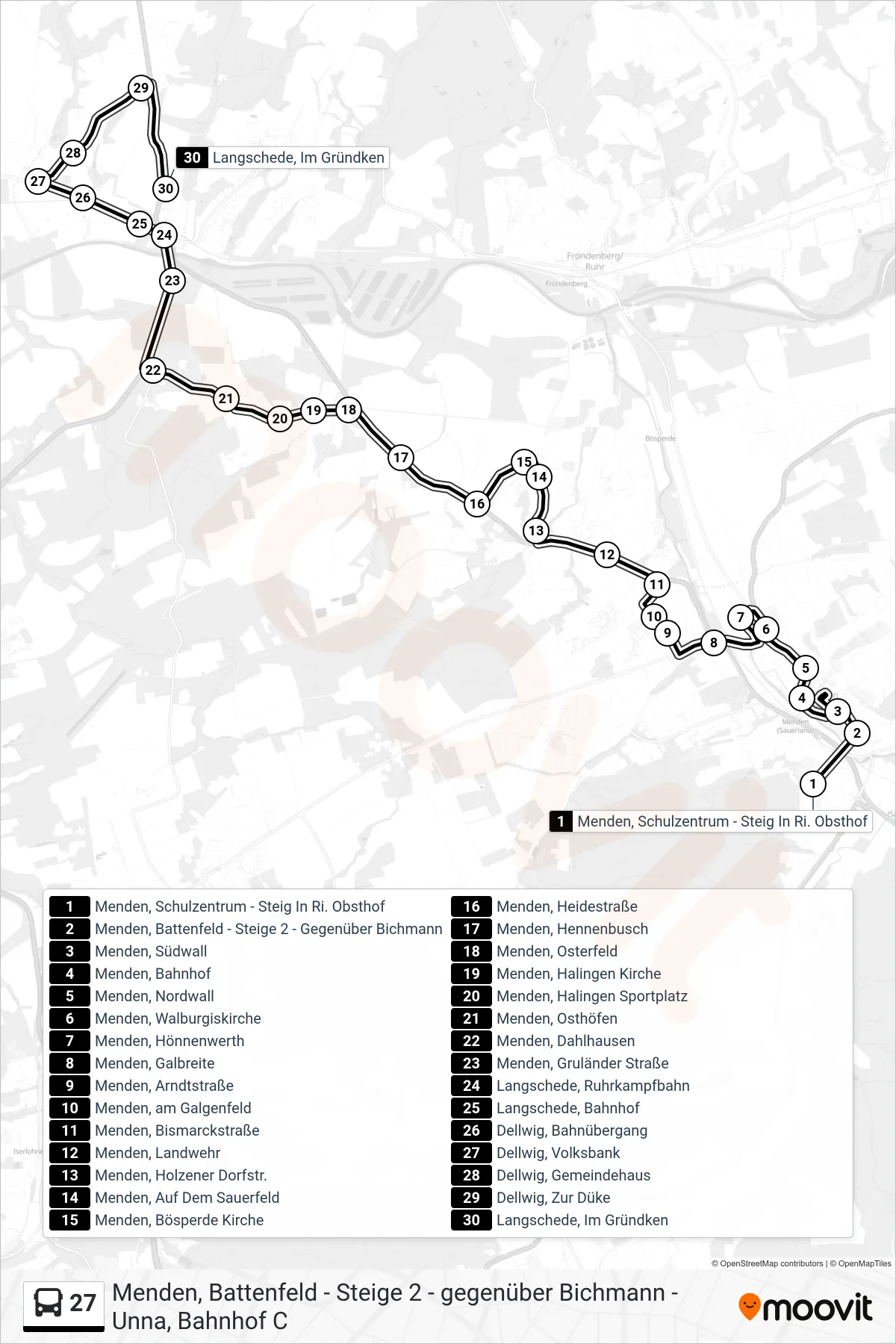 27 bus Line (Langschede, Im Gründken) route and stops on a map