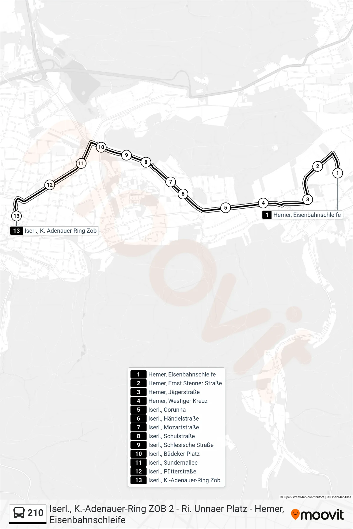 210 bus Line (Iserl., K.-Adenauer-Ring Zob 1b- Ausstieg (Innenstadtseite Mitte)) route and stops on a map