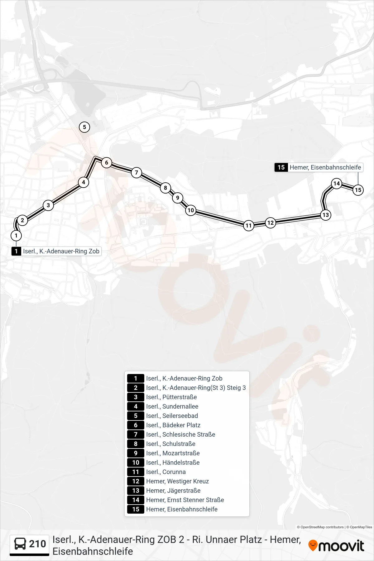 Linie 210 (Bus) Richtung Hemer, Eisenbahnschleife: Route und Haltestellen auf der Karte