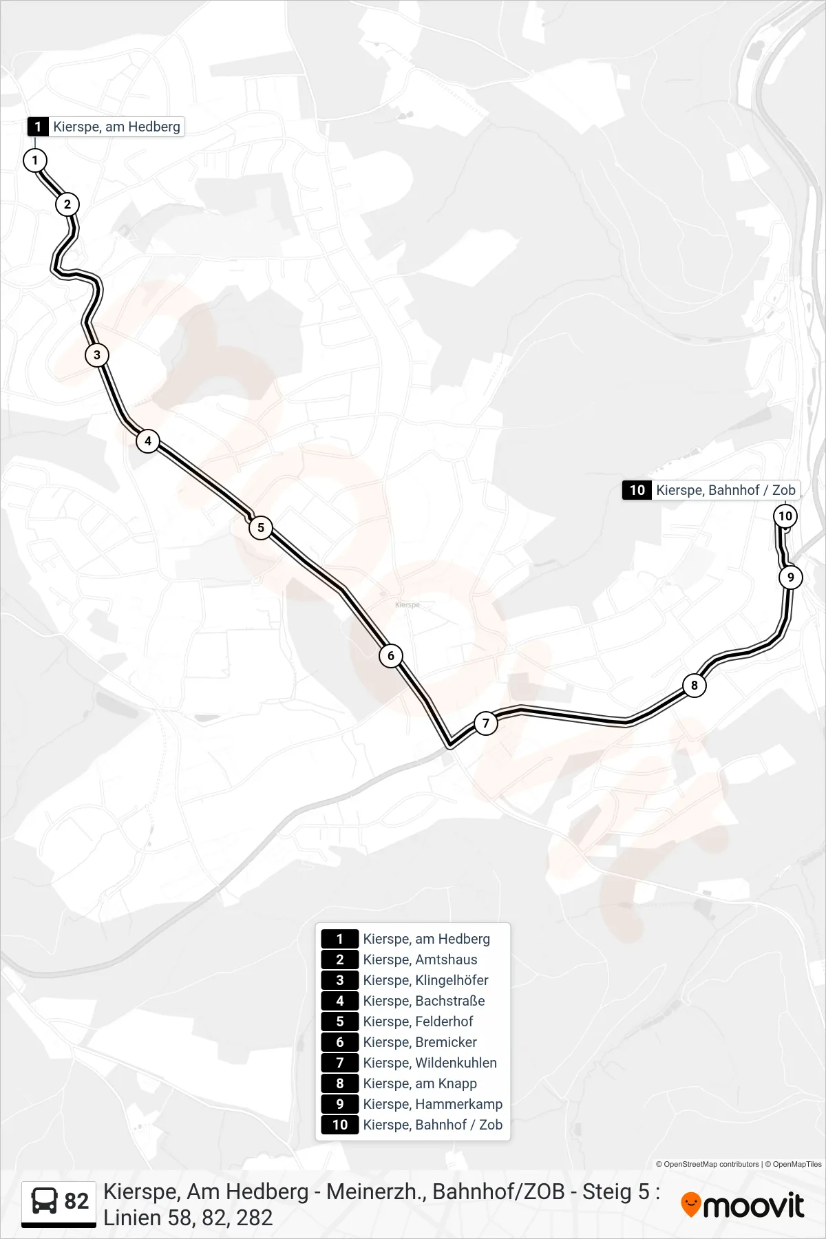 82 bus Line (Kierspe, Bahnhof / Zob Bstg 4) route and stops on a map
