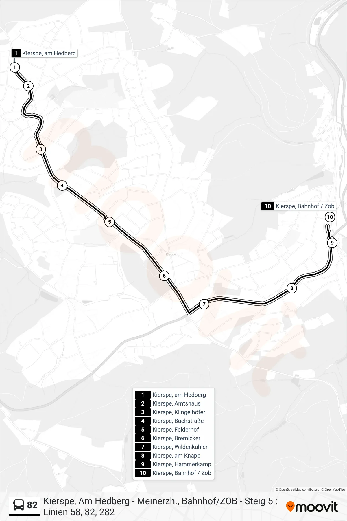 Linie 82 (Bus) Richtung Kierspe, Bahnhof / Zob Bstg 3: Route und Haltestellen auf der Karte