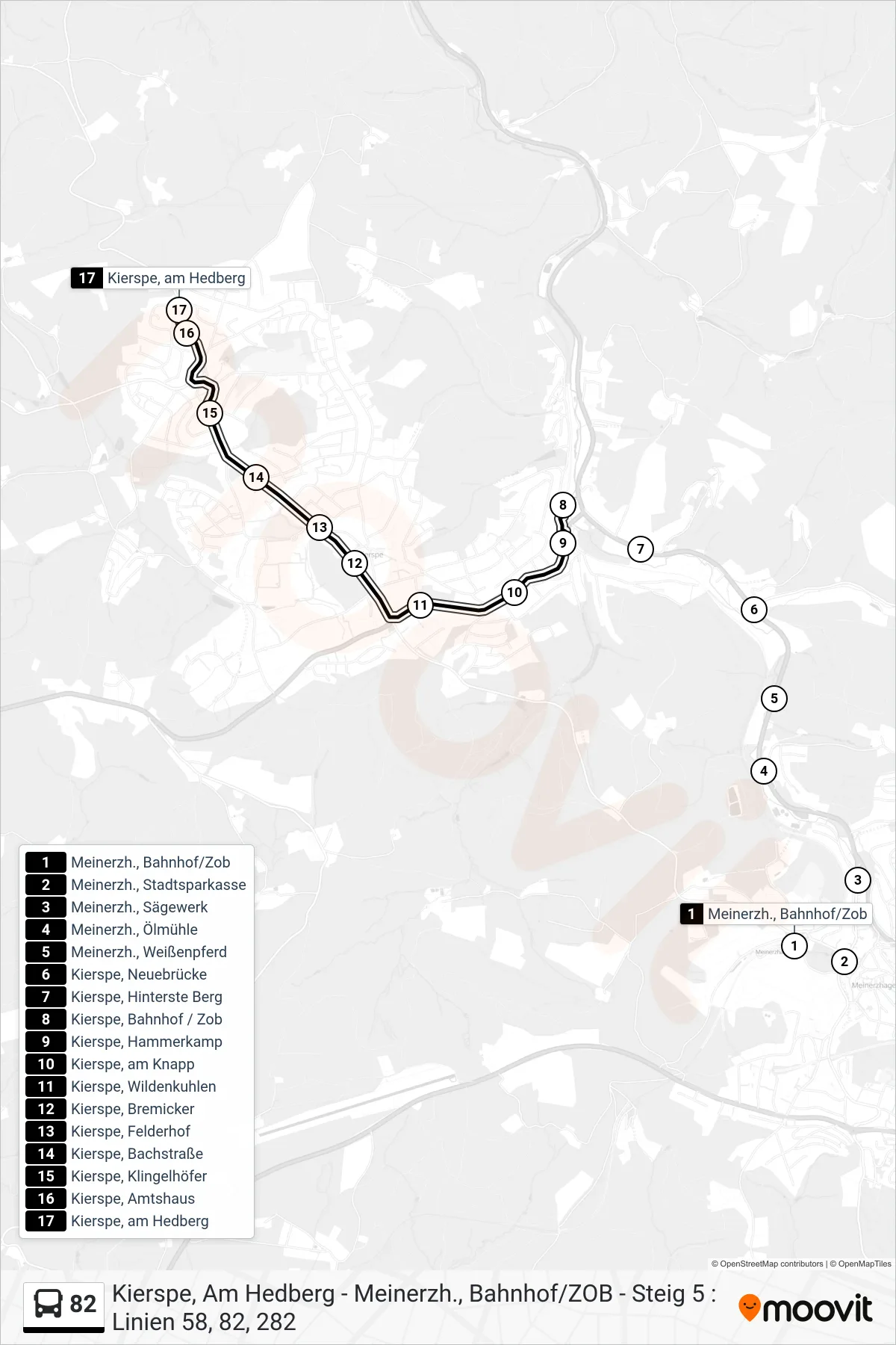 Linie 82 (Bus) Richtung Kierspe, am Hedberg: Route und Haltestellen auf der Karte