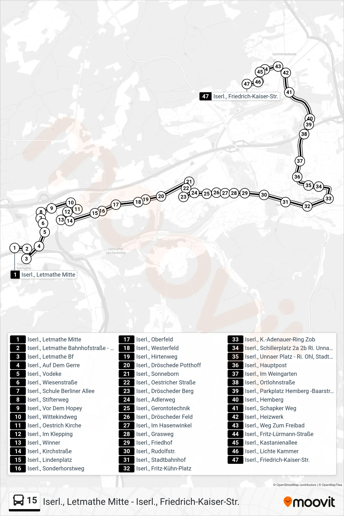 15 bus Line (Iserl., Friedrich-Kaiser-Str.) route and stops on a map