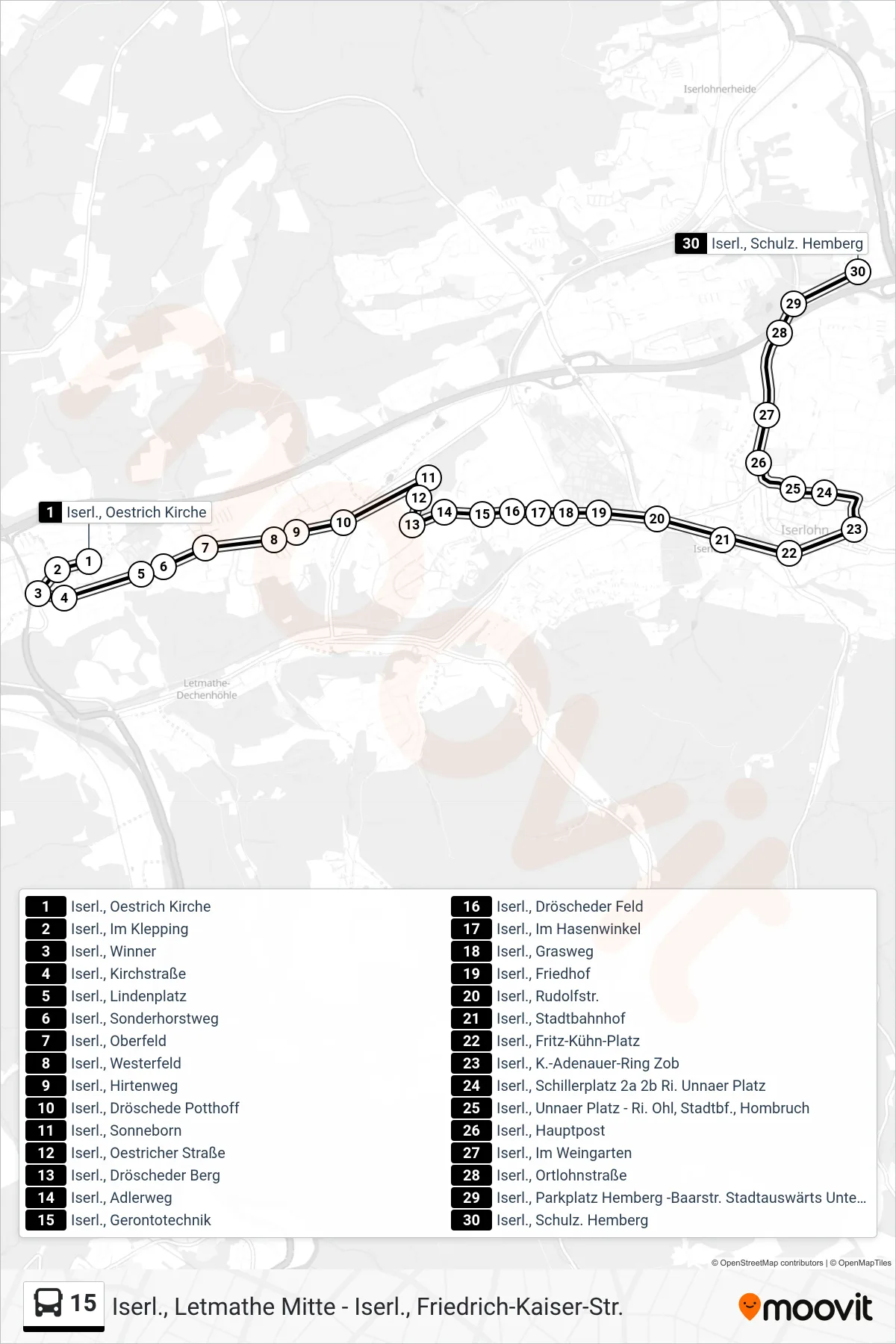 15 bus Line (Iserl., Schulz. Hemberg) route and stops on a map